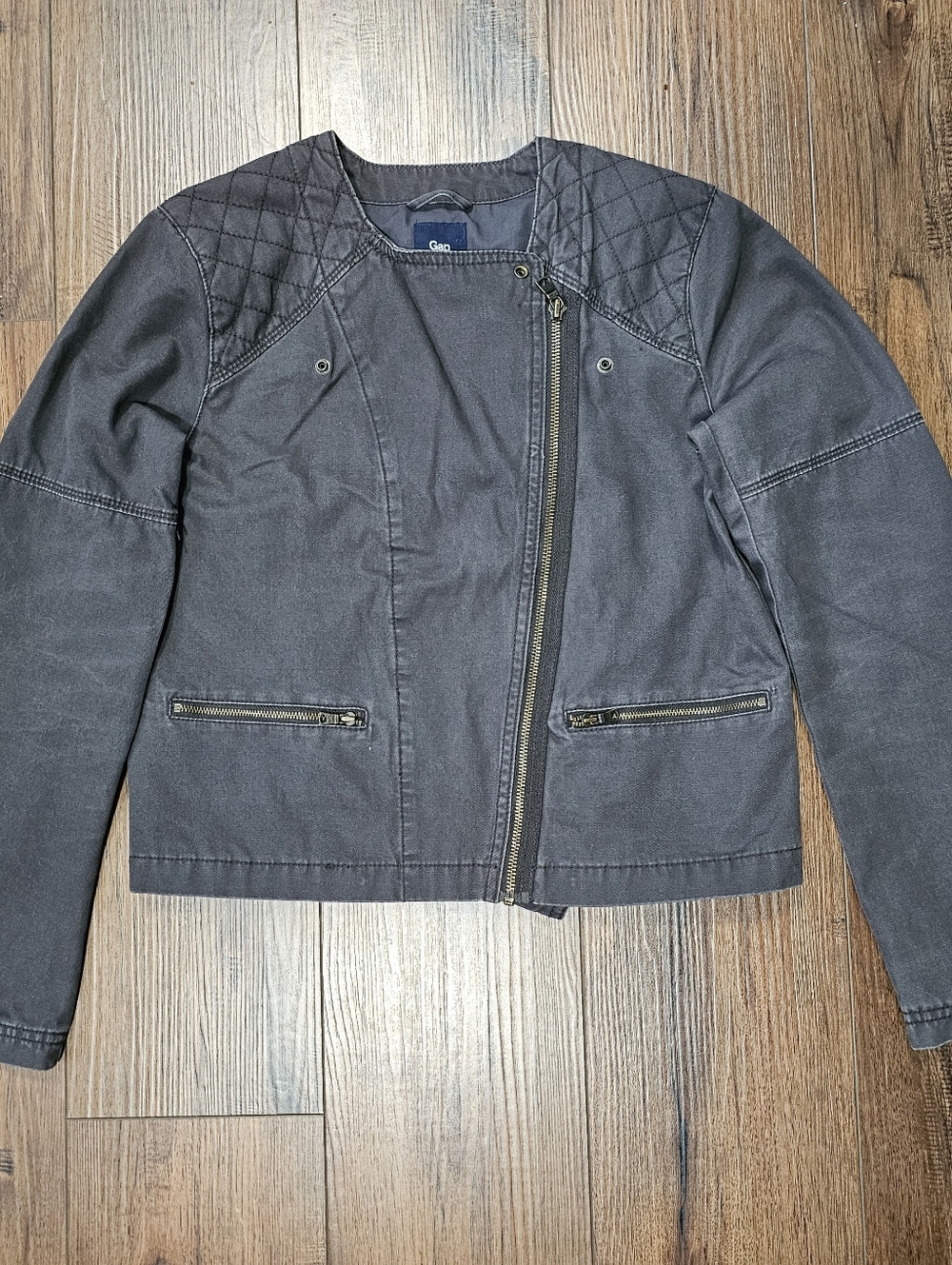 Gap Women’s Small Quilted Shoulder Moto Jacket Cotton Twill Asymmetric Zip Grey